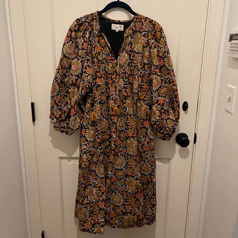 Autumn floral Mille Dress with puff sleeves in “Sunset Floral”